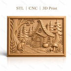 Fichier CNC & impression 3D maison de sorcière, chat, forêt et champignons, haute qualité relief STL