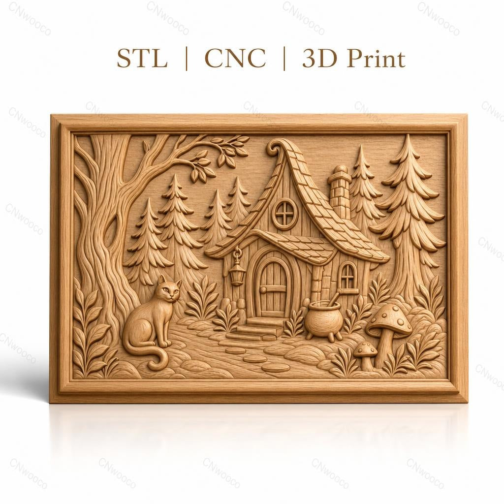 Fichier CNC & impression 3D maison de sorcière, chat, forêt et champignons, haute qualité relief STL