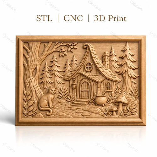 Fichier CNC & impression 3D maison de sorcière, chat, forêt et champignons, haute qualité relief STL