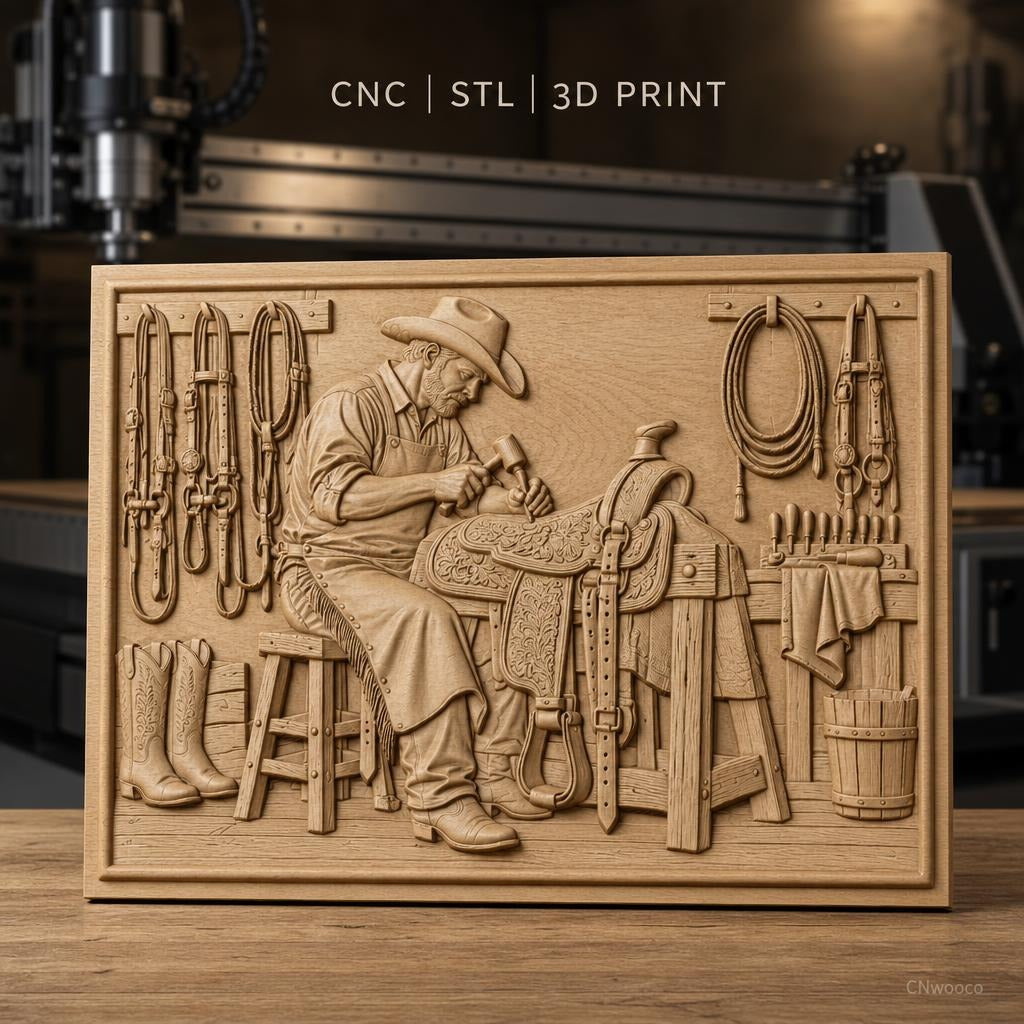 Fichier CNC & impression 3D artiste sellier, cowboy, selle et outils, haute qualité relief STL