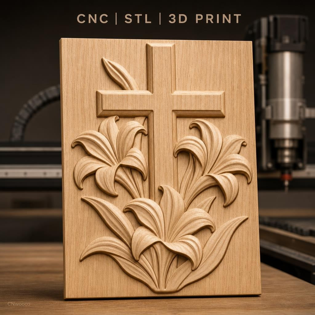 Fichier CNC & impression 3D Croix avec lys et feuilles, haute qualité relief STL