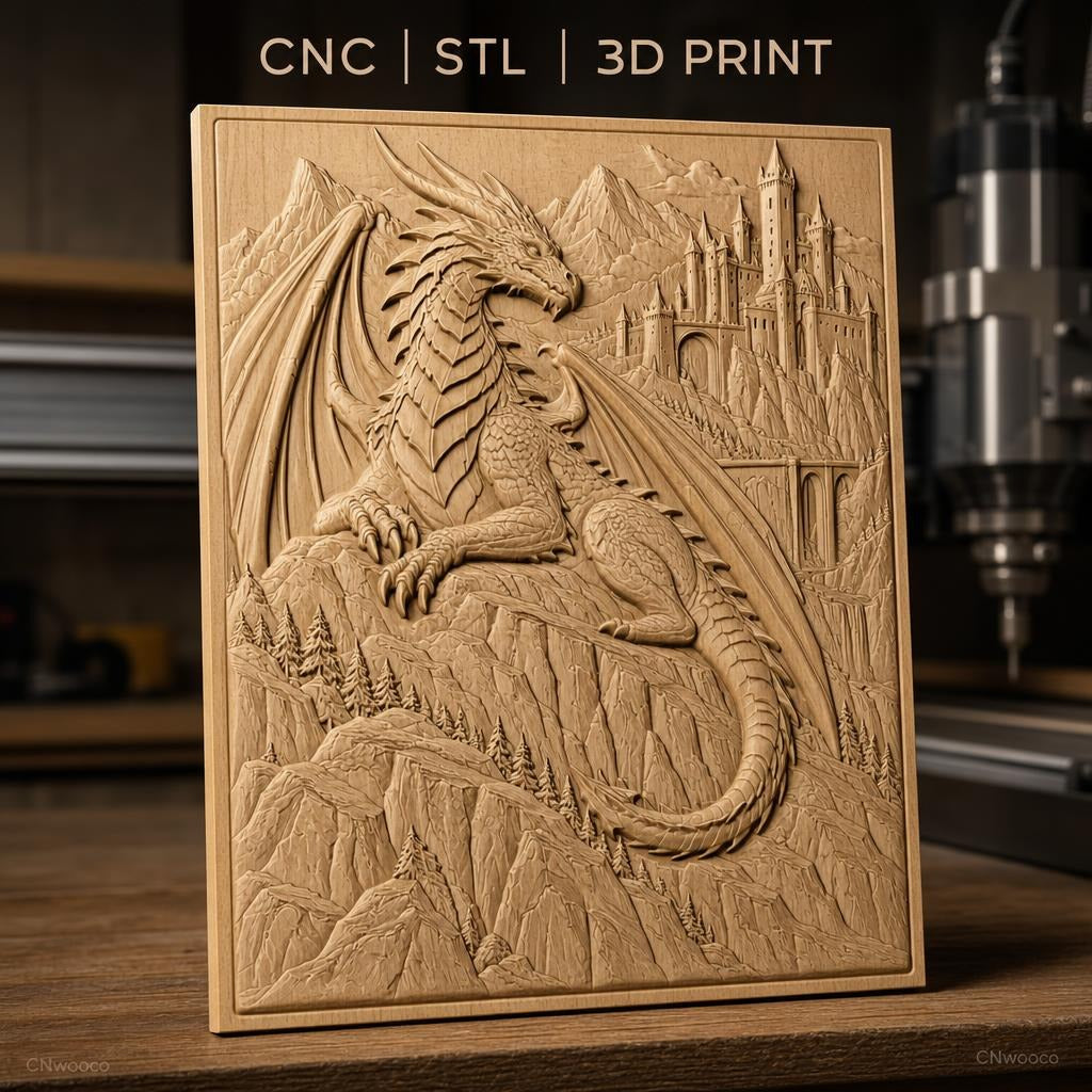 Fichier CNC & impression 3D dragon fantasy, château montagne relief, haute qualité relief STL