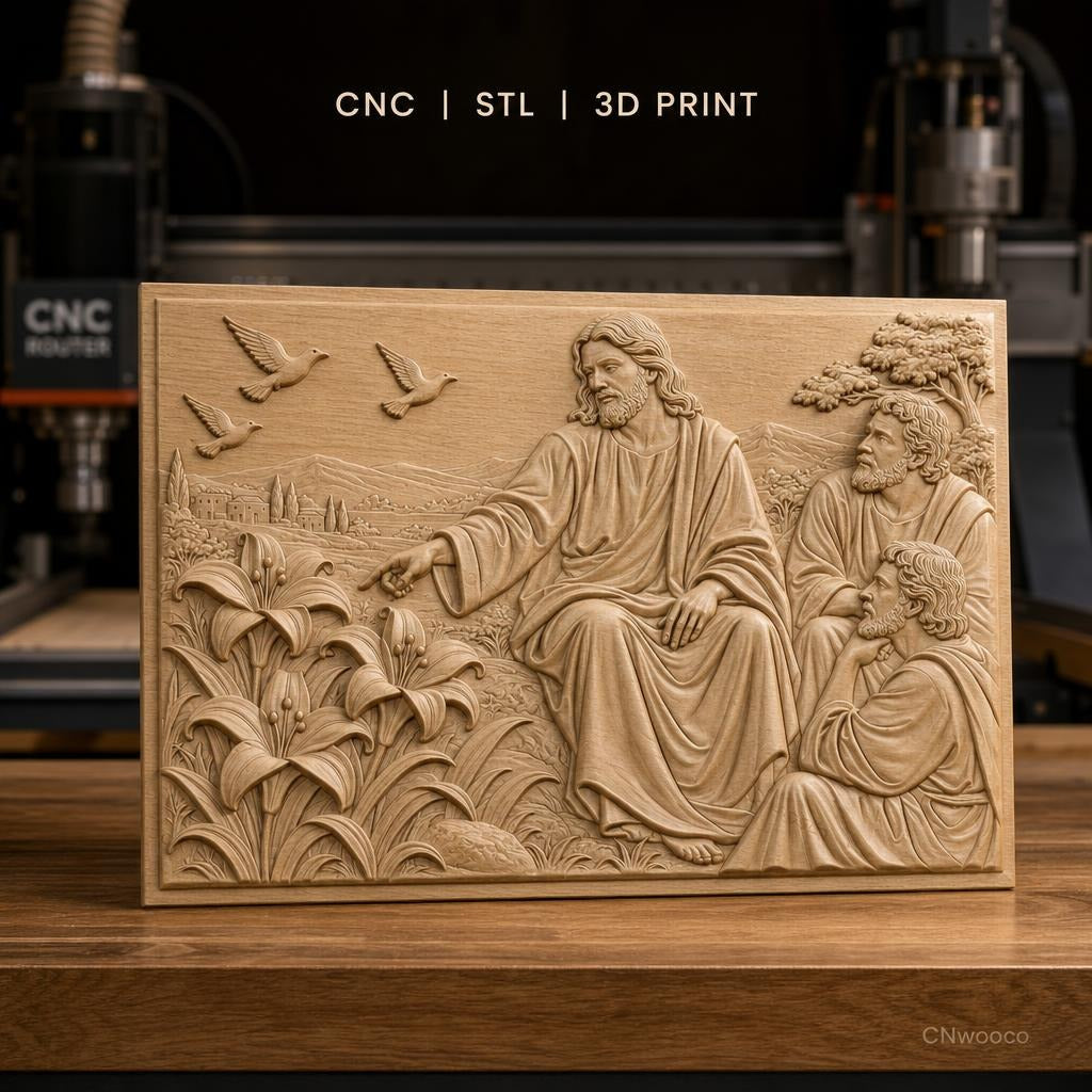 Fichier CNC & impression 3D Jésus enseignant avec disciples, fleurs et colombes, haute qualité relief STL