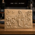 Fichier CNC & impression 3D Jésus enseignant avec disciples, fleurs et colombes, haute qualité relief STL