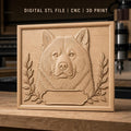 Fichier CNC & impression 3D chien Akita, tête en relief avec branche de feuilles, haute qualité relief STL