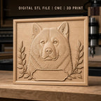 Fichier CNC & impression 3D chien Akita, tête en relief avec branche de feuilles, haute qualité relief STL