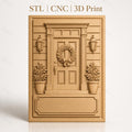 Fichier CNC & impression 3D porte d'entrée avec couronne de feuilles et pots de fleurs, haute qualité relief STL
