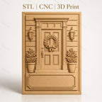 Fichier CNC & impression 3D porte d'entrée avec couronne de feuilles et pots de fleurs, haute qualité relief STL