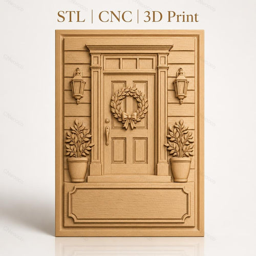 Fichier CNC & impression 3D porte d'entrée avec couronne de feuilles et pots de fleurs, haute qualité relief STL