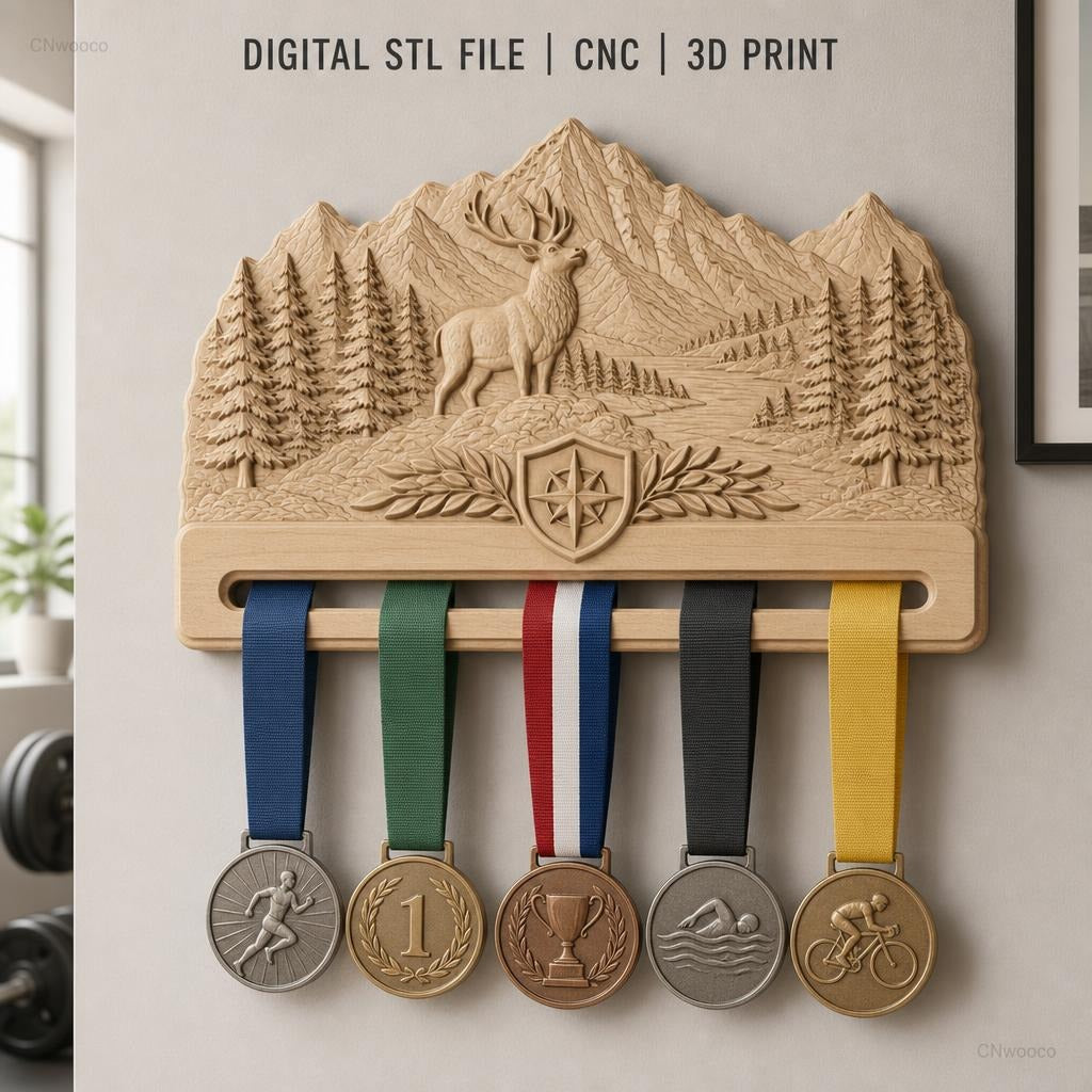 Fichier CNC & impression 3D support cartes montagne, cerf et forêt, STL très haute qualité