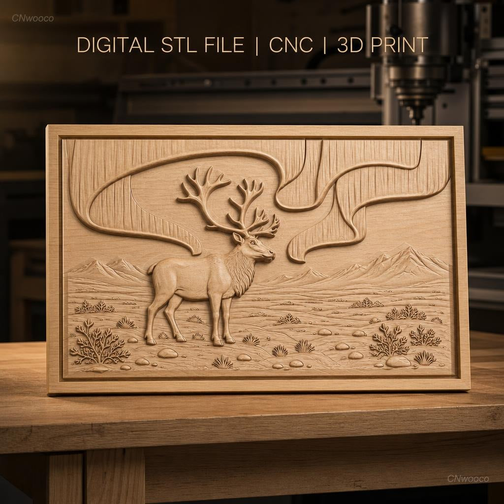 Fichier CNC & impression 3D Cerf avec bois, paysage montagnard et plantes, haute qualité relief STL