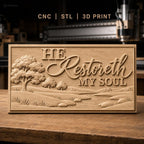 Fichier CNC & impression 3D paysage nature avec rivière et arbres, texte 'He Restoreth My Soul', haute qualité relief STL