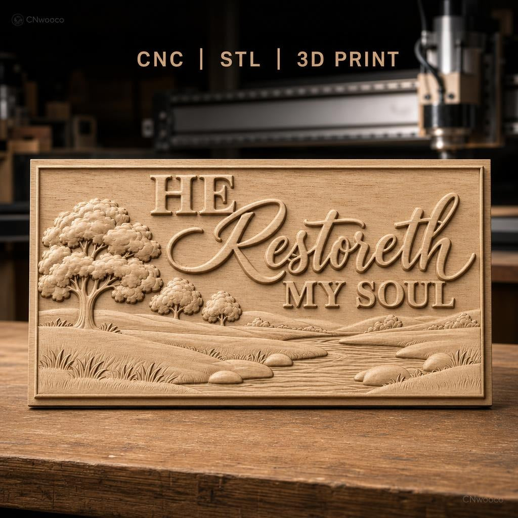 Fichier CNC & impression 3D paysage nature avec rivière et arbres, texte 'He Restoreth My Soul', haute qualité relief STL