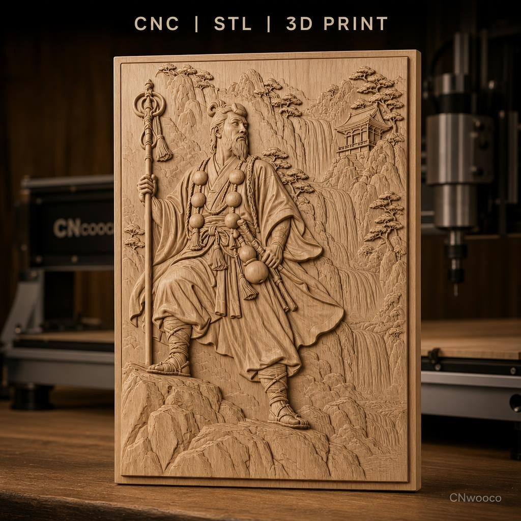 Fichier CNC & impression 3D guerrier japonais, cascade et temple, haute qualité relief STL