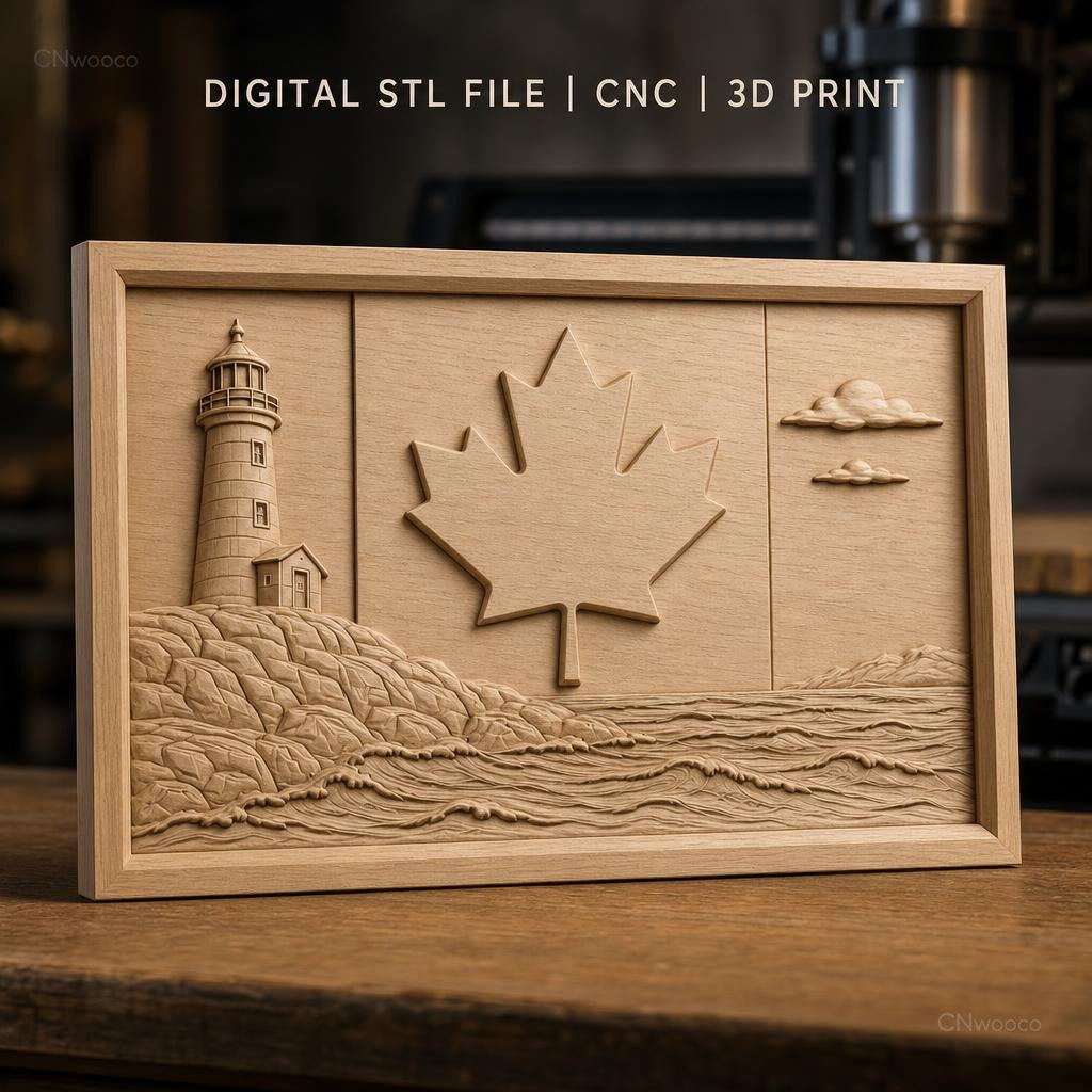 Fichier CNC & impression 3D drapeau Canada, phare, mer, feuilles d'érable, haute qualité relief STL