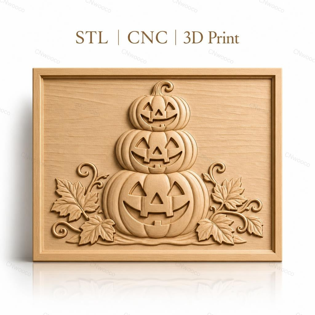 Fichier CNC & impression 3D Halloween, citrouilles empilées avec feuilles, haute qualité relief STL