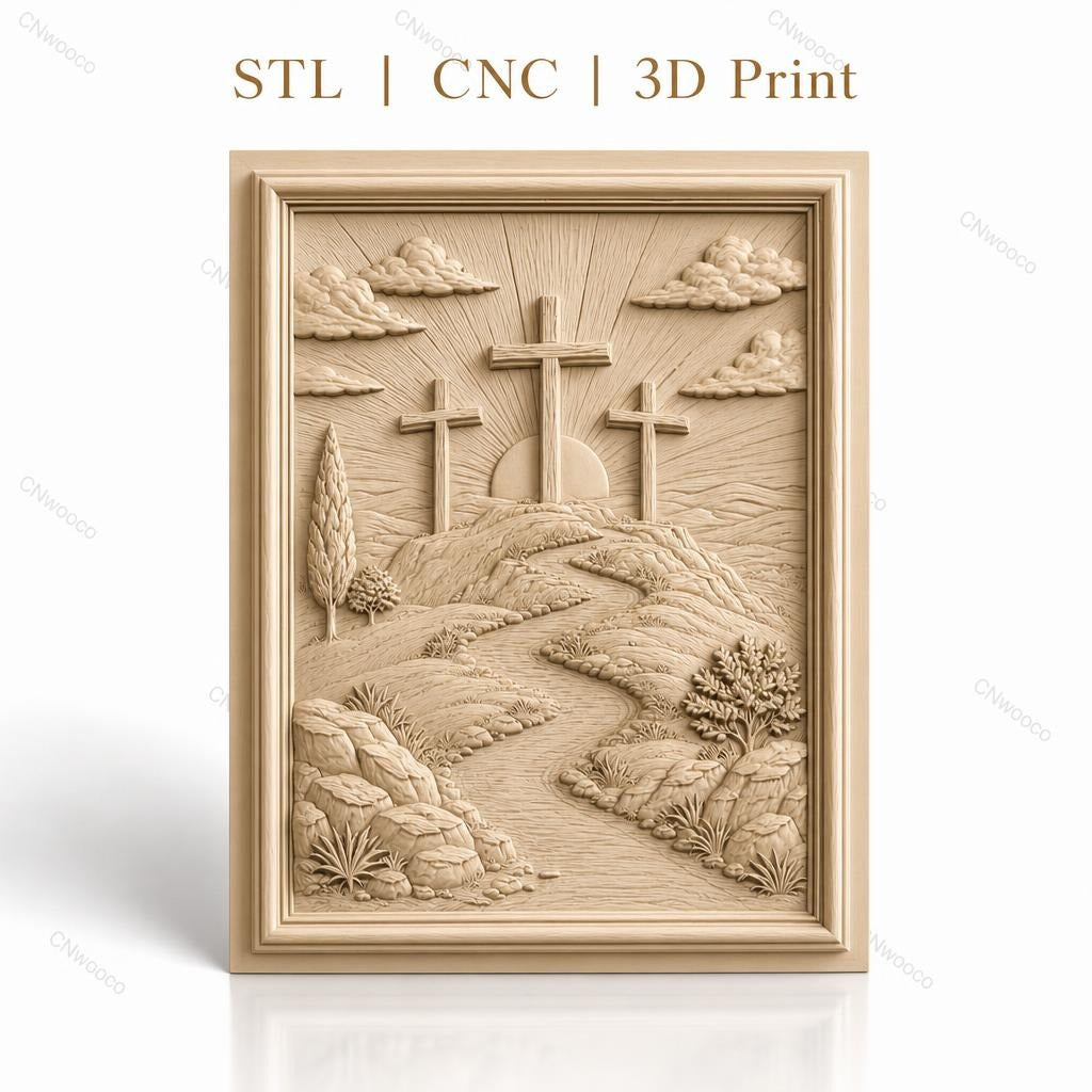 Fichier CNC & impression 3D scène chrétienne, croix sur colline avec rivière et arbres, haute qualité relief STL