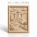 Fichier CNC & impression 3D scène chrétienne, croix sur colline avec rivière et arbres, haute qualité relief STL