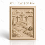 Fichier CNC & impression 3D scène chrétienne, croix sur colline avec rivière et arbres, haute qualité relief STL