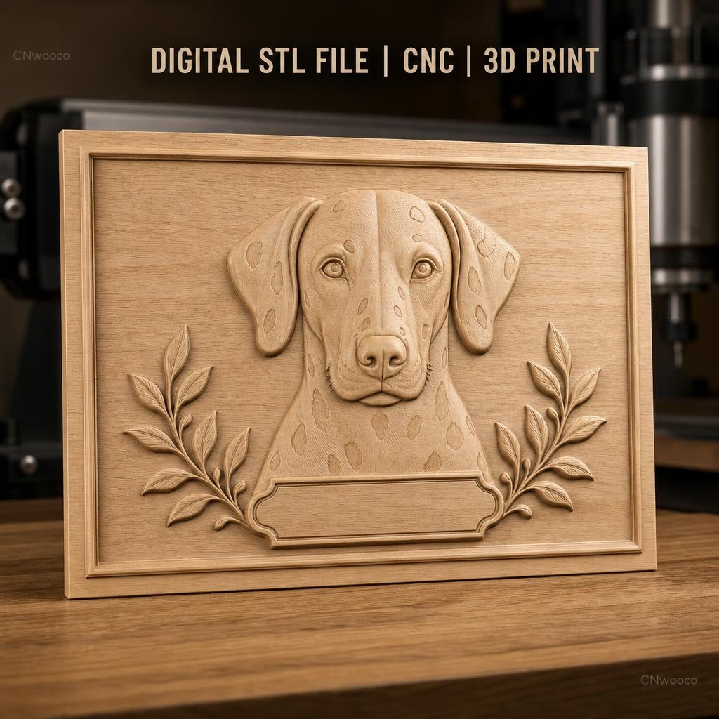 Fichier CNC & impression 3D chien dalmatien portrait avec feuilles décoration haute qualité relief STL