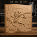 Fichier CNC & impression 3D cavalier western à cheval, paysage canyon et maison, haute qualité relief STL