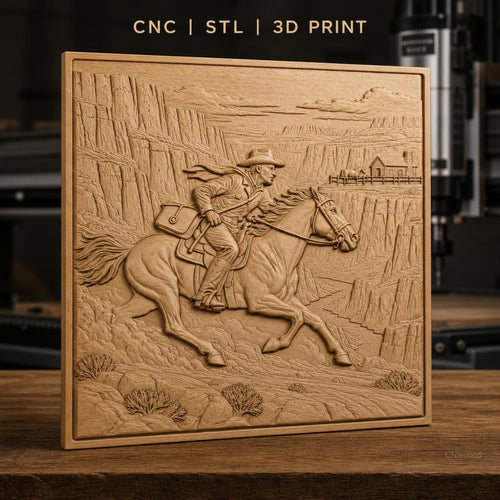 Fichier CNC & impression 3D cavalier western à cheval, paysage canyon et maison, haute qualité relief STL