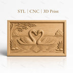 Fichier CNC & impression 3D cygnes amoureux, lac, arbres et reflets, haute qualité relief STL