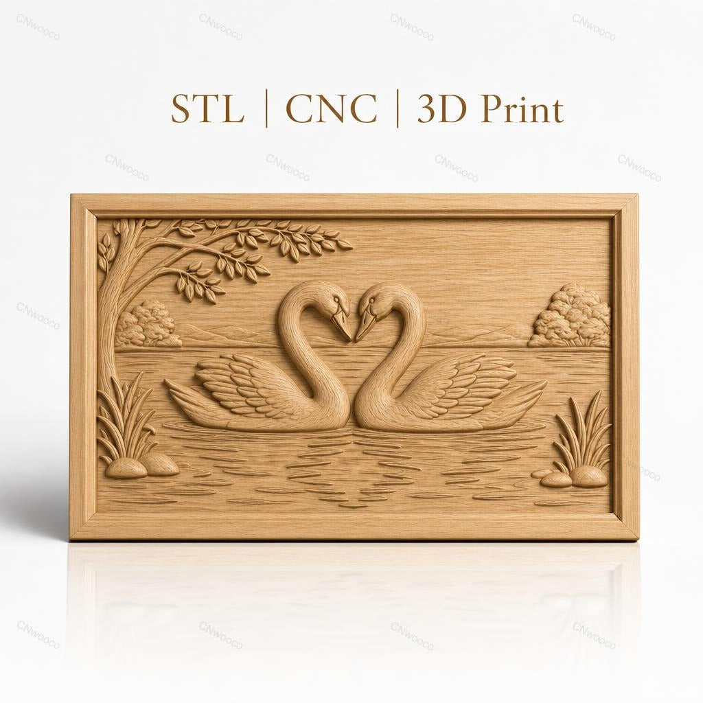 Fichier CNC & impression 3D cygnes amoureux, lac, arbres et reflets, haute qualité relief STL