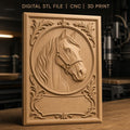 Fichier CNC & impression 3D cheval, tête de cheval avec cadre ornemental, haute qualité relief STL