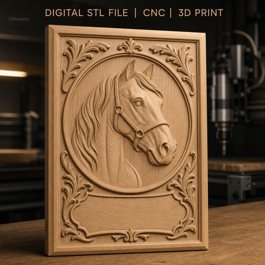 Fichier CNC & impression 3D cheval, tête de cheval avec cadre ornemental, haute qualité relief STL
