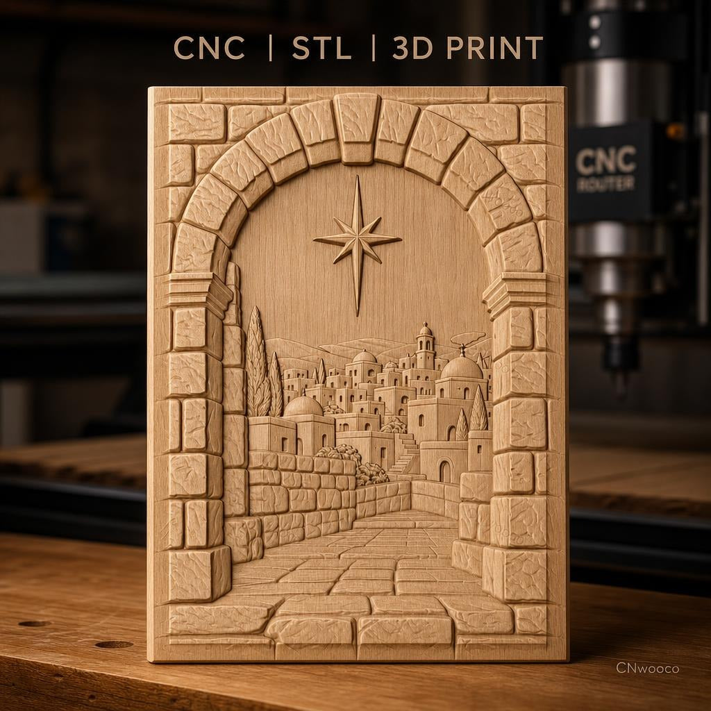 Fichier CNC & impression 3D paysage de village médiéval, arche en pierre et chemin pavé, haute qualité relief STL