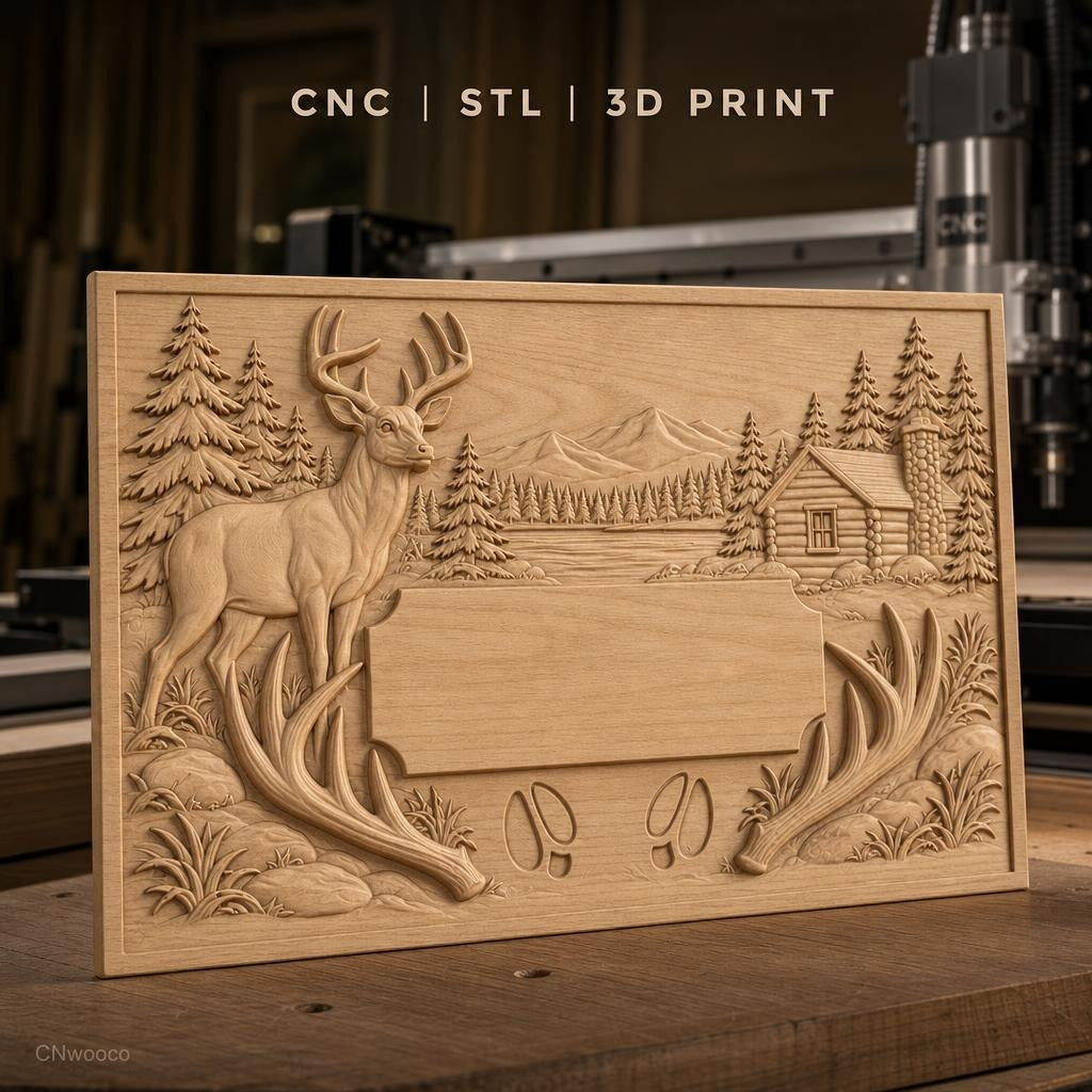 Fichier CNC & impression 3D paysage nature avec cerf, cabane en bois et montagnes, haute qualité relief STL