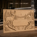 Fichier CNC & impression 3D paysage nature avec cerf, cabane en bois et montagnes, haute qualité relief STL