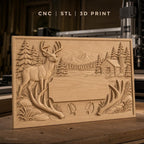 Fichier CNC & impression 3D paysage nature avec cerf, cabane en bois et montagnes, haute qualité relief STL