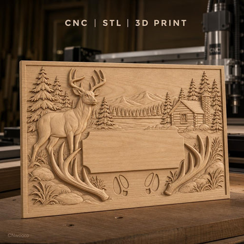 Fichier CNC & impression 3D paysage nature avec cerf, cabane en bois et montagnes, haute qualité relief STL