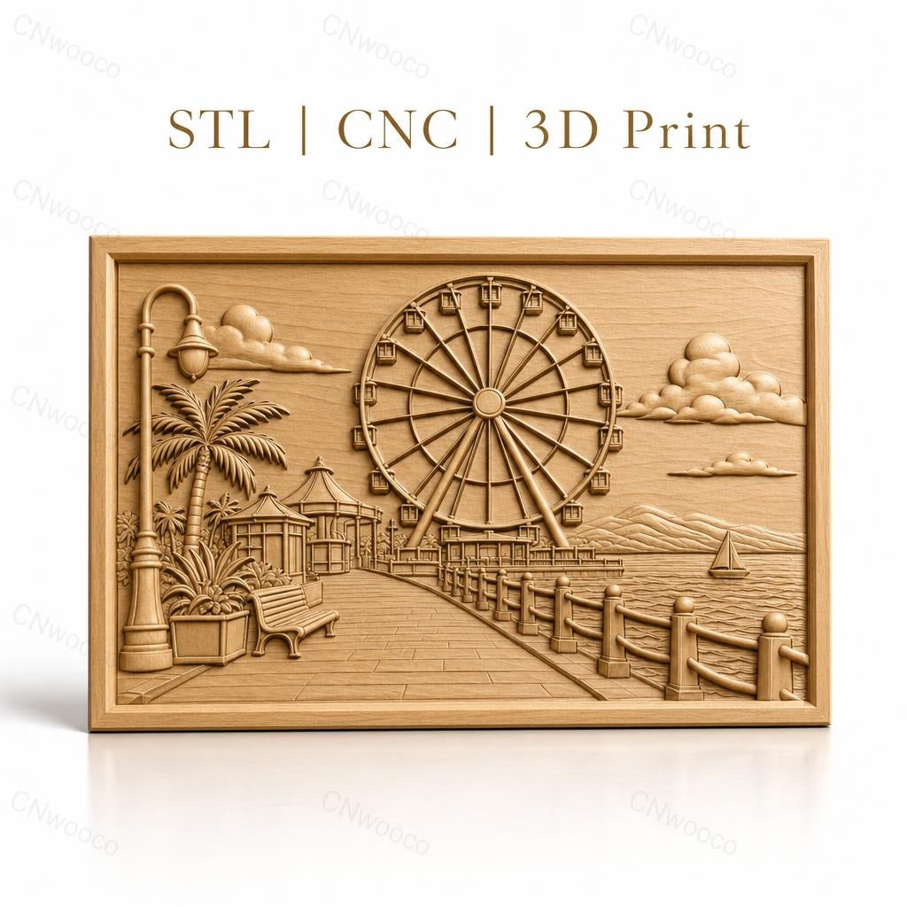 Fichier CNC & impression 3D paysage promenade avec grande roue, banc, lampadaire, haute qualité relief STL