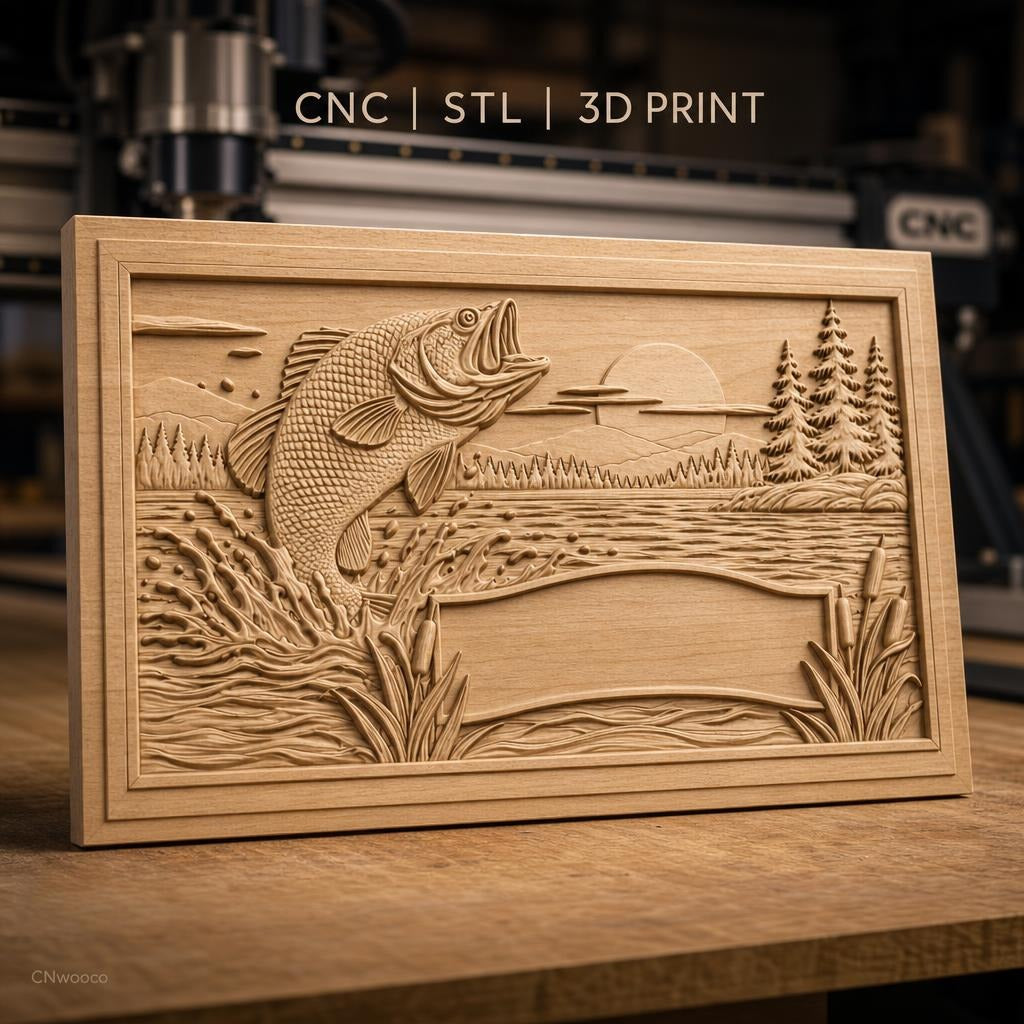 Fichier CNC & impression 3D poisson sautant dans un lac, paysage avec arbres et roseaux, haute qualité relief STL