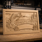 Fichier CNC & impression 3D poisson sautant dans un lac, paysage avec arbres et roseaux, haute qualité relief STL