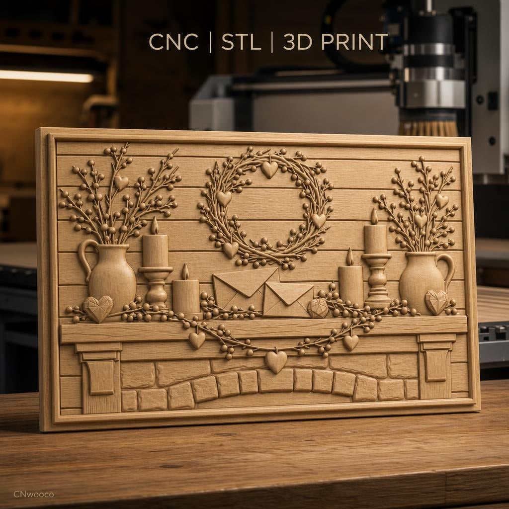 Fichier CNC & impression 3D décoration cheminée avec couronne et bougies, haute qualité relief STL