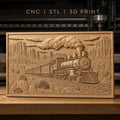 Fichier CNC & impression 3D train à vapeur, paysage désertique avec rochers et cactus, haute qualité relief STL