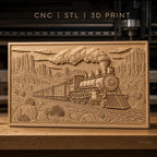Fichier CNC & impression 3D train à vapeur, paysage désertique avec rochers et cactus, haute qualité relief STL