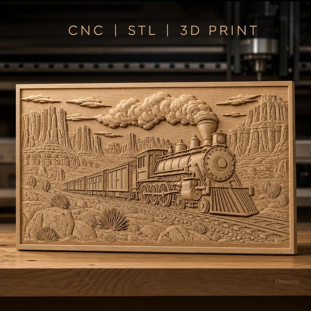 Fichier CNC & impression 3D train à vapeur, paysage désertique avec rochers et cactus, haute qualité relief STL
