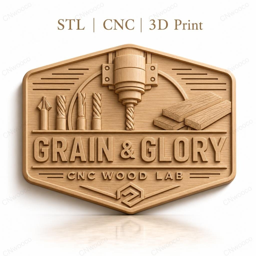 Fichier CNC & impression 3D logo grain et glory, fraises CNC et planches de bois, haute qualité relief STL