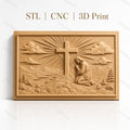 Fichier CNC & impression 3D Jésus priant devant la croix, paysage montagneux et rayons de lumière, haute qualité relief STL