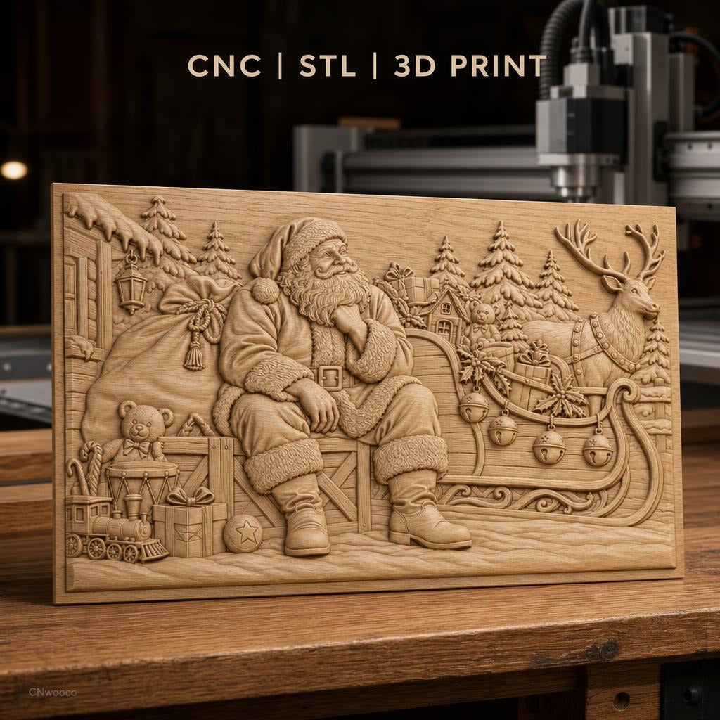 Fichier CNC & impression 3D Noël, Père Noël avec traîneau, rennes, cadeaux et sapins, haute qualité relief STL
