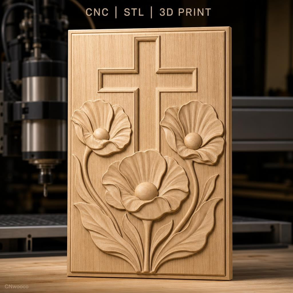Fichier CNC & impression 3D croix chrétienne avec fleurs et feuilles, haute qualité relief STL