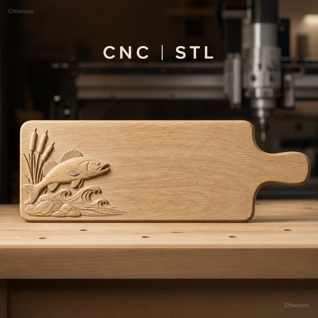 Fichier CNC poisson, roseaux et vagues relief pour sculpture sur bois, STL