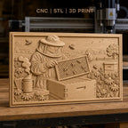 Fichier CNC & impression 3D apiculteur avec ruche, abeilles et fleurs, haute qualité relief STL