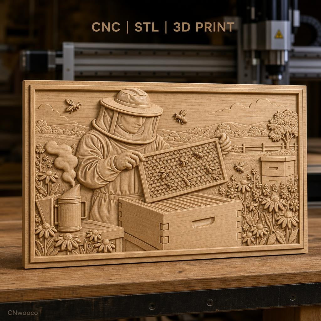 Fichier CNC & impression 3D apiculteur avec ruche, abeilles et fleurs, haute qualité relief STL