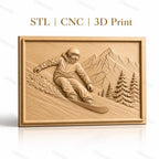 Fichier CNC & impression 3D snowboarder en montagne, relief avec skieur et sapins, haute qualité relief STL